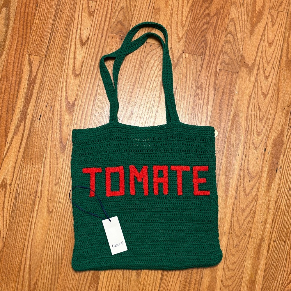 Clare V Forest Green Tote with Tomato Red Text